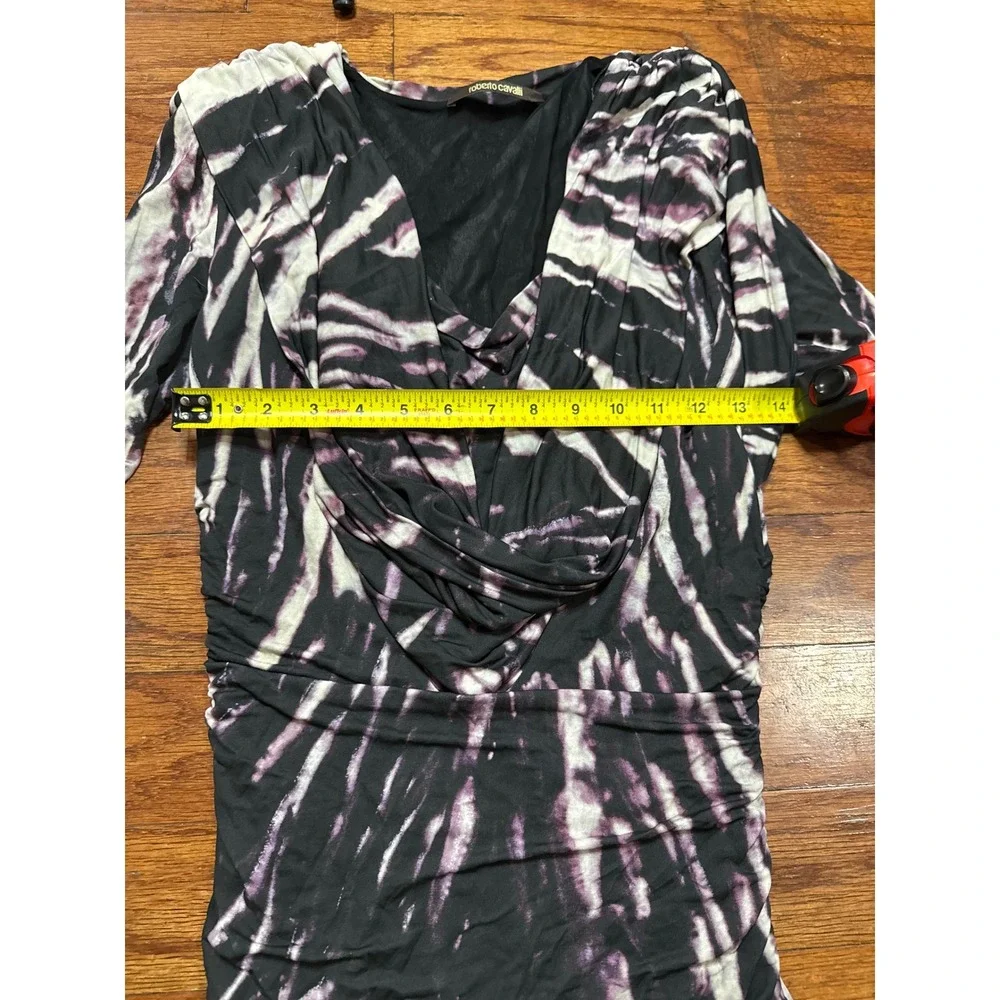 Roberto Cavalli‎ Ruched Tie Dye Mini Dress Long Sleeve Cowl Neck Purple Black 44